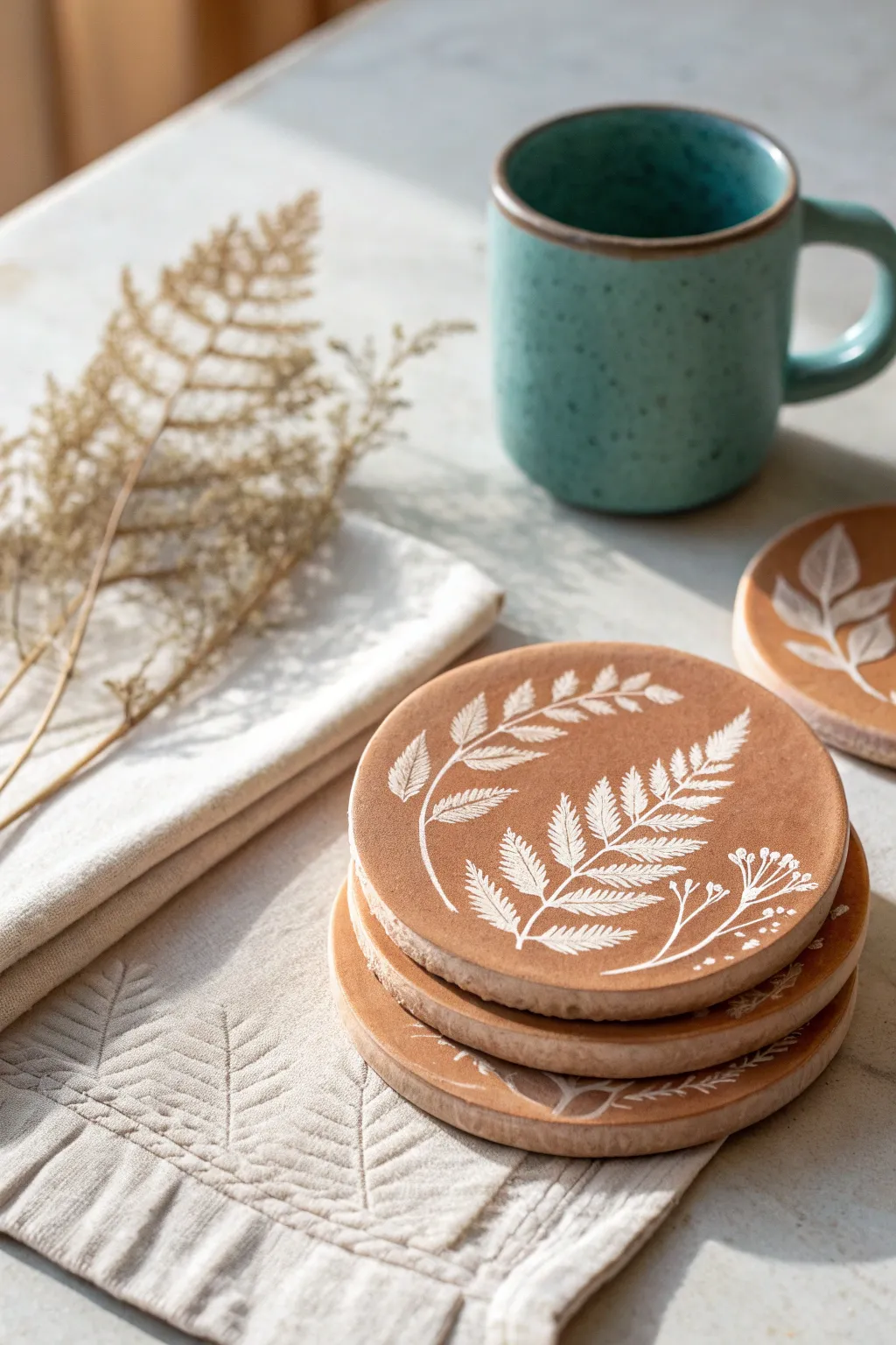 Pressed leaf clay coasters stacked neatly for a cozy, minimal table styling with bold contrast.