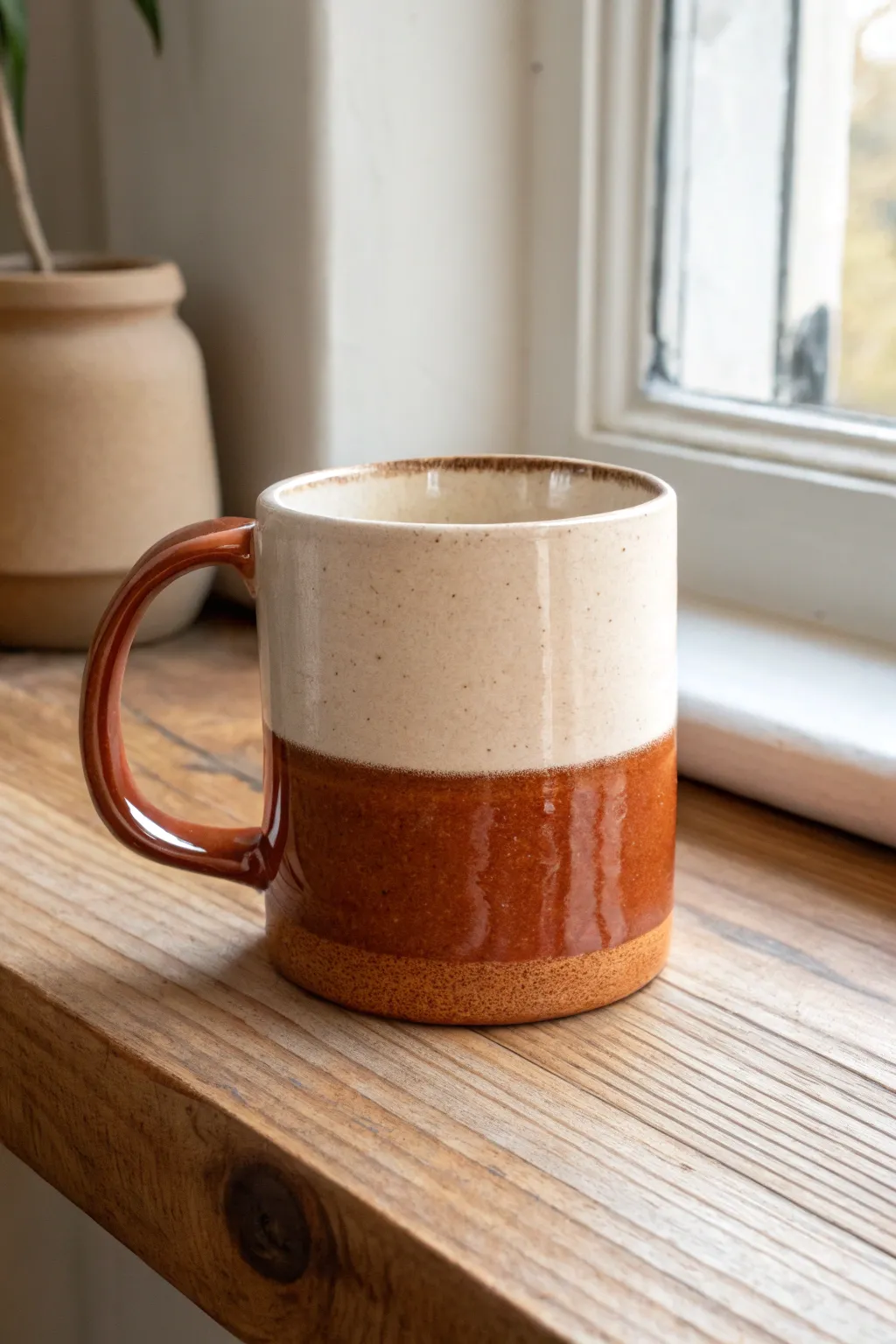 Crisp dip-line two-tone mug: glossy cream top, satin terracotta base, modern and handmade.