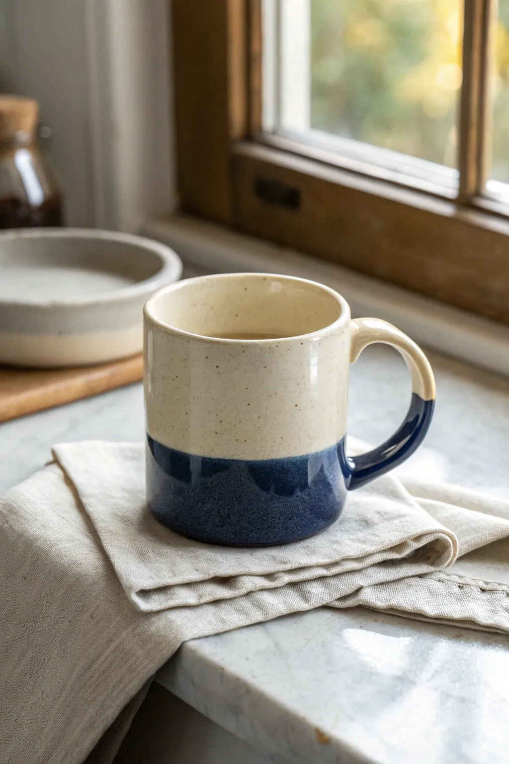 Two-tone dip glaze mug with creamy ivory top and bold indigo base for chic minimalist mornings.
