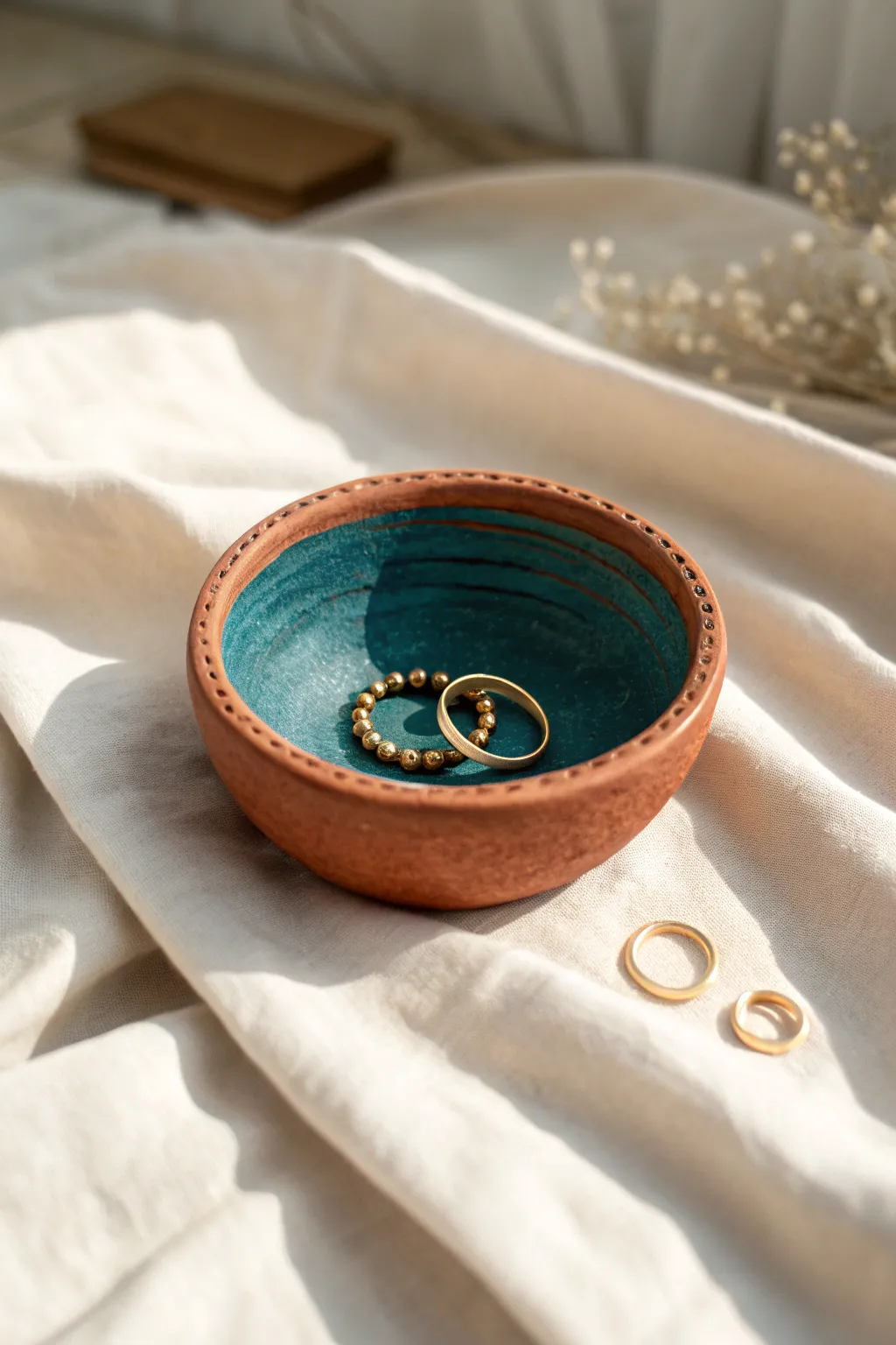 Tiny coil pinch-pot dish with visible texture, a beginner-friendly trinket tray.