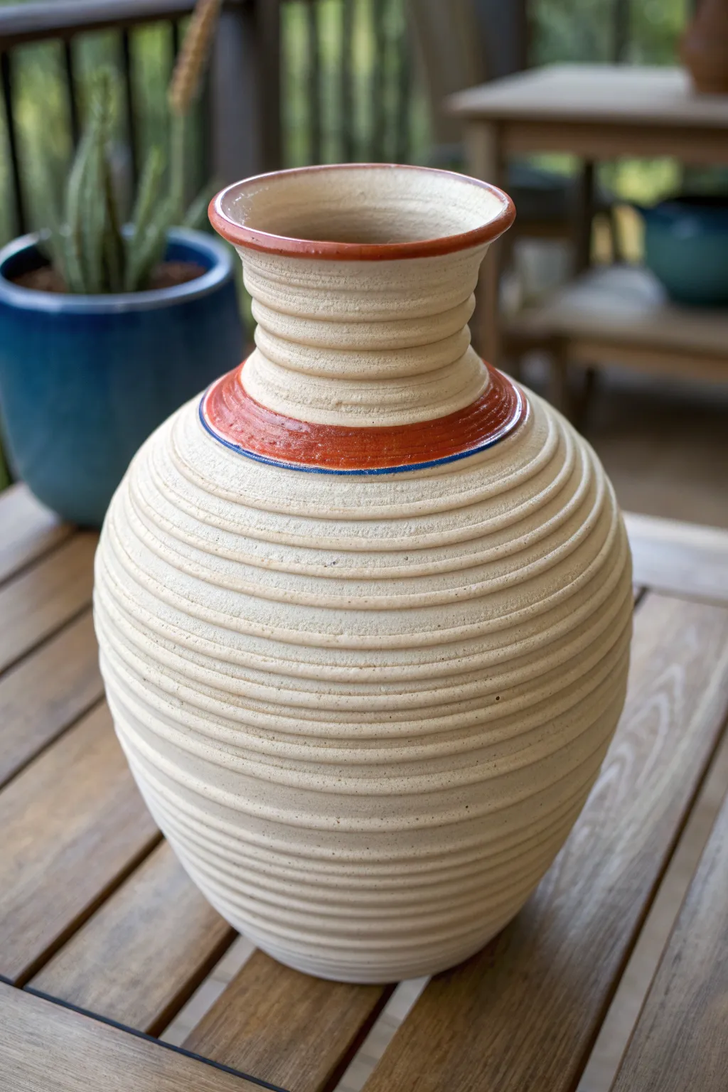 Textured coil exterior meets a smooth glazed rim for a clean, modern handbuilt statement.