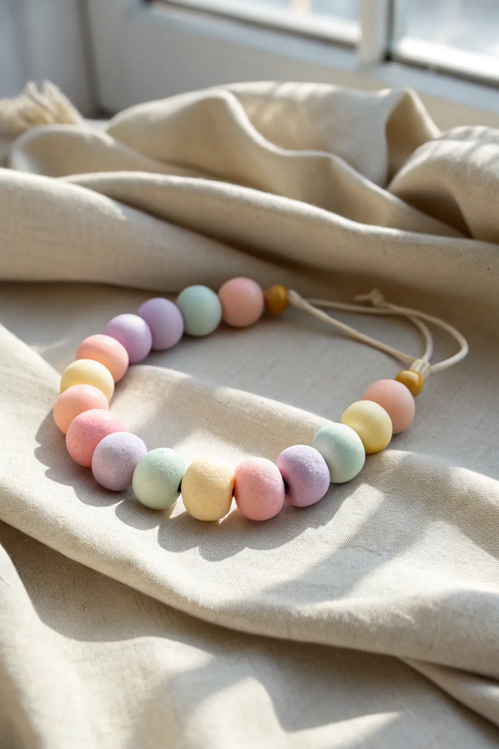 Chunky pastel macaron clay bead bracelet on linen, a simple colorful accessory to make at home.