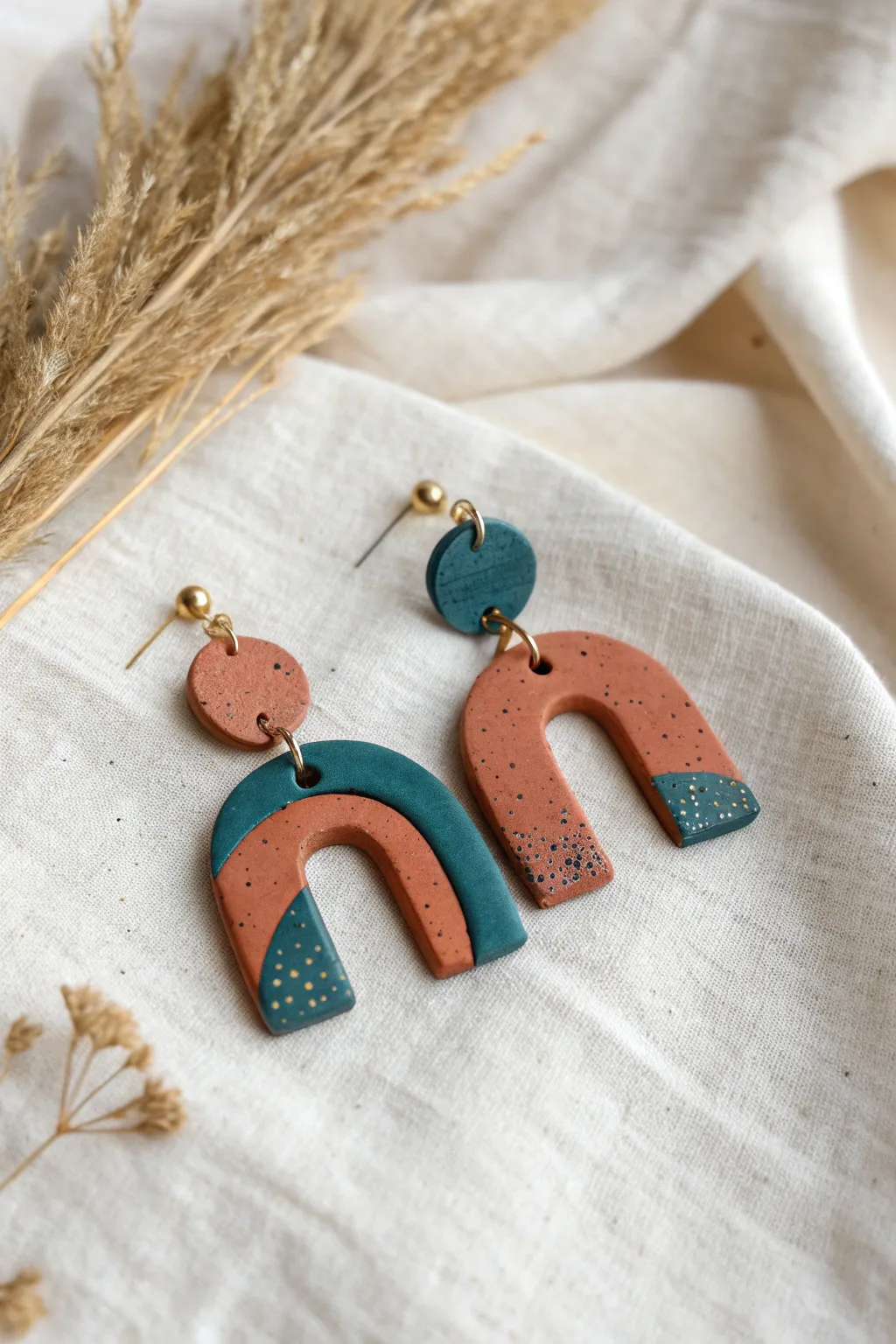 Modern abstract arch air dry clay earrings on linen, matte finish with bold boho color contrast