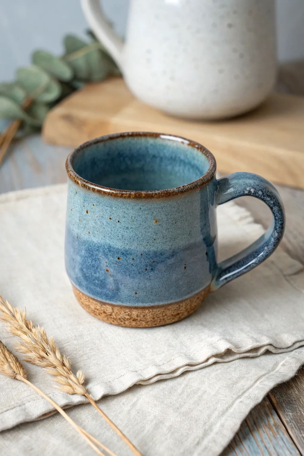 Rutile floating blue glaze with milky depth, tan specks, and bold pooling on a simple mug.