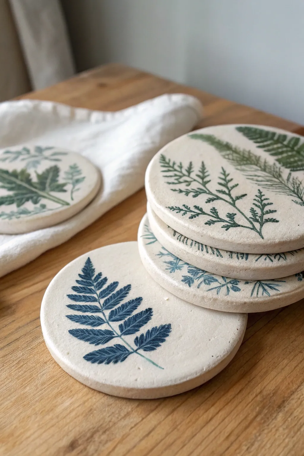 Pressed-botanical clay coasters in soft washes, stacked to show crisp leaf relief.