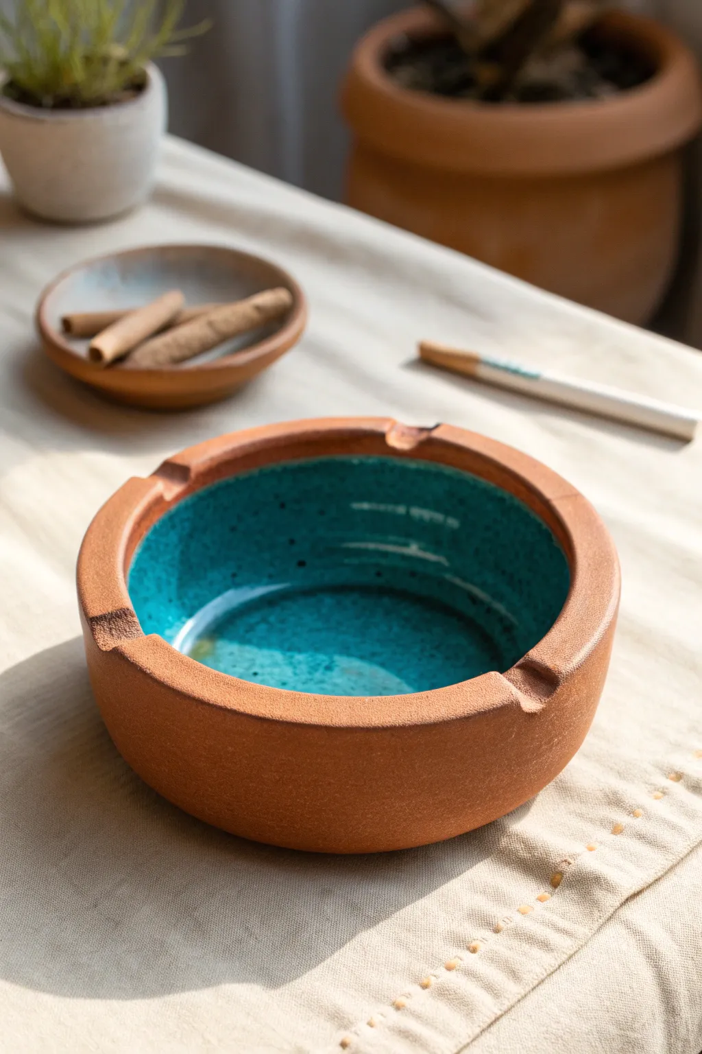 Minimal round clay ashtray with a deep center bowl and bold contrast glaze, top-down.