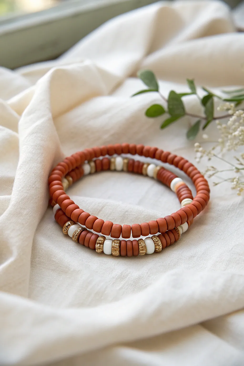 Bold monochrome heishi bracelet stack in terracotta tones for a clean Scandinavian boho vibe.