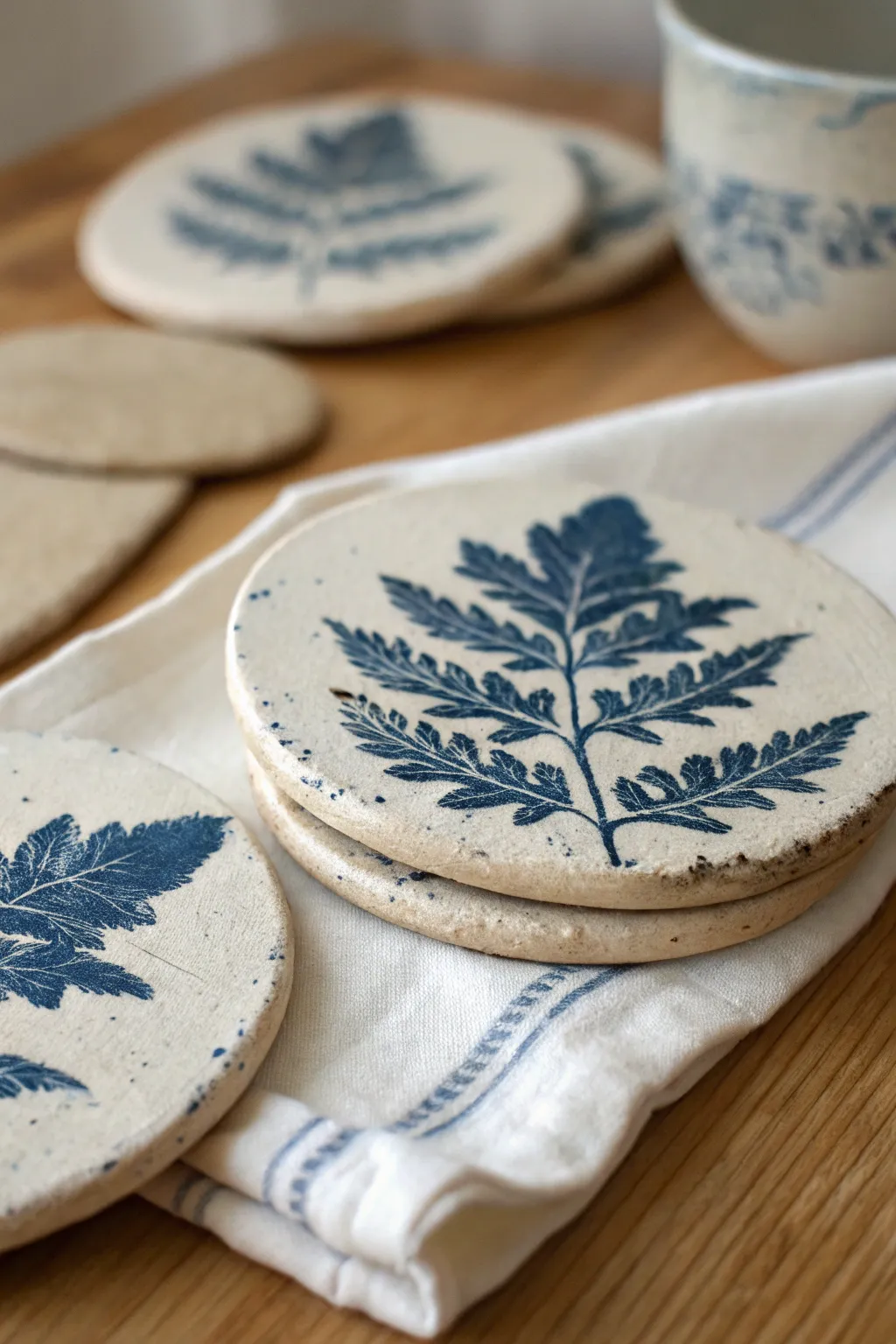 Botanical-stamped air-dry clay coasters with a bold wash, minimalist and gift-ready.
