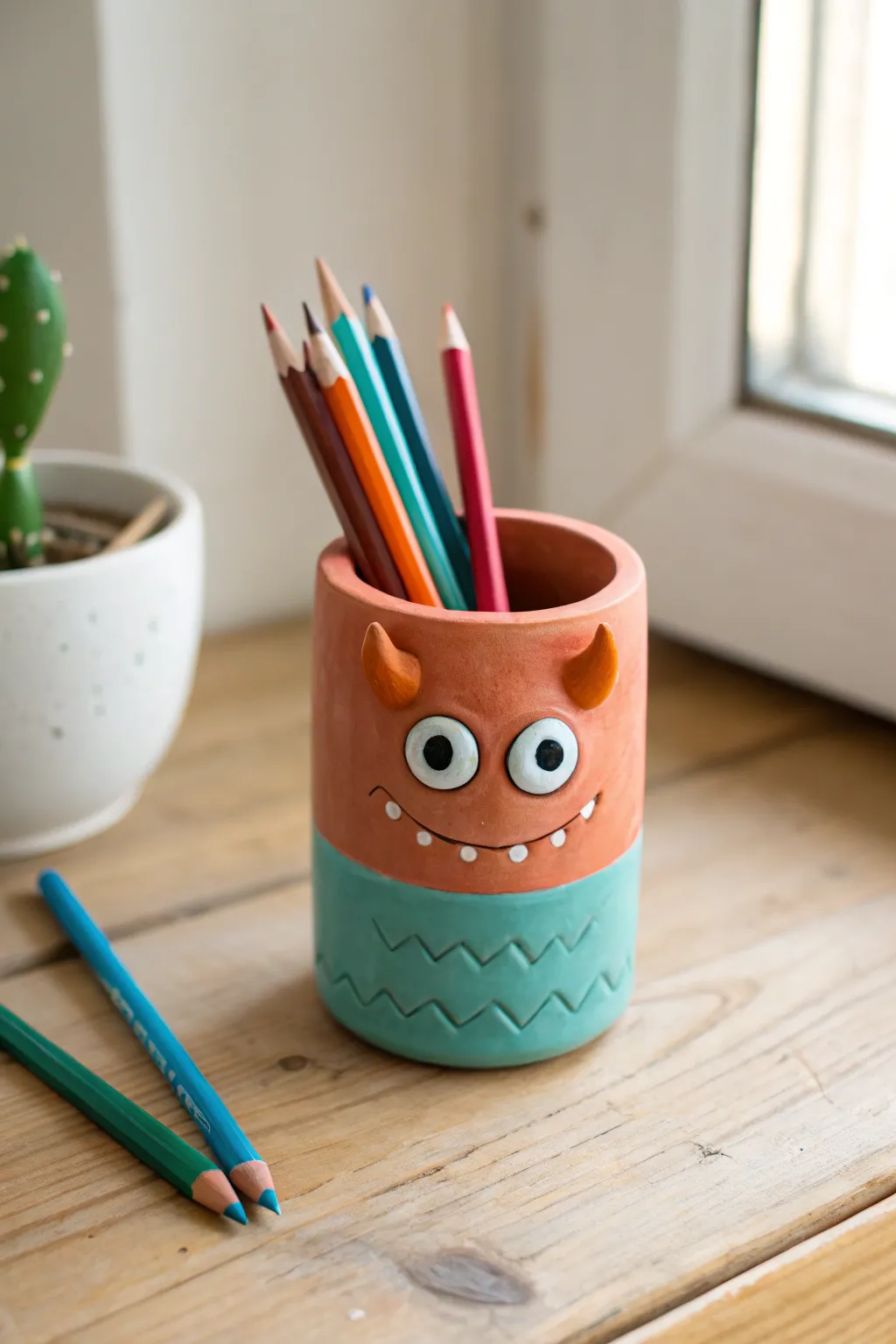 Silly clay monster pencil holder with bold colors, big eyes, and a clean Scandinavian vibe