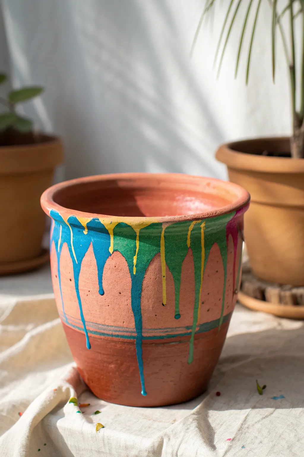 Bold paint-drip clay pot with bright modern color runs, minimal backdrop, handmade charm.