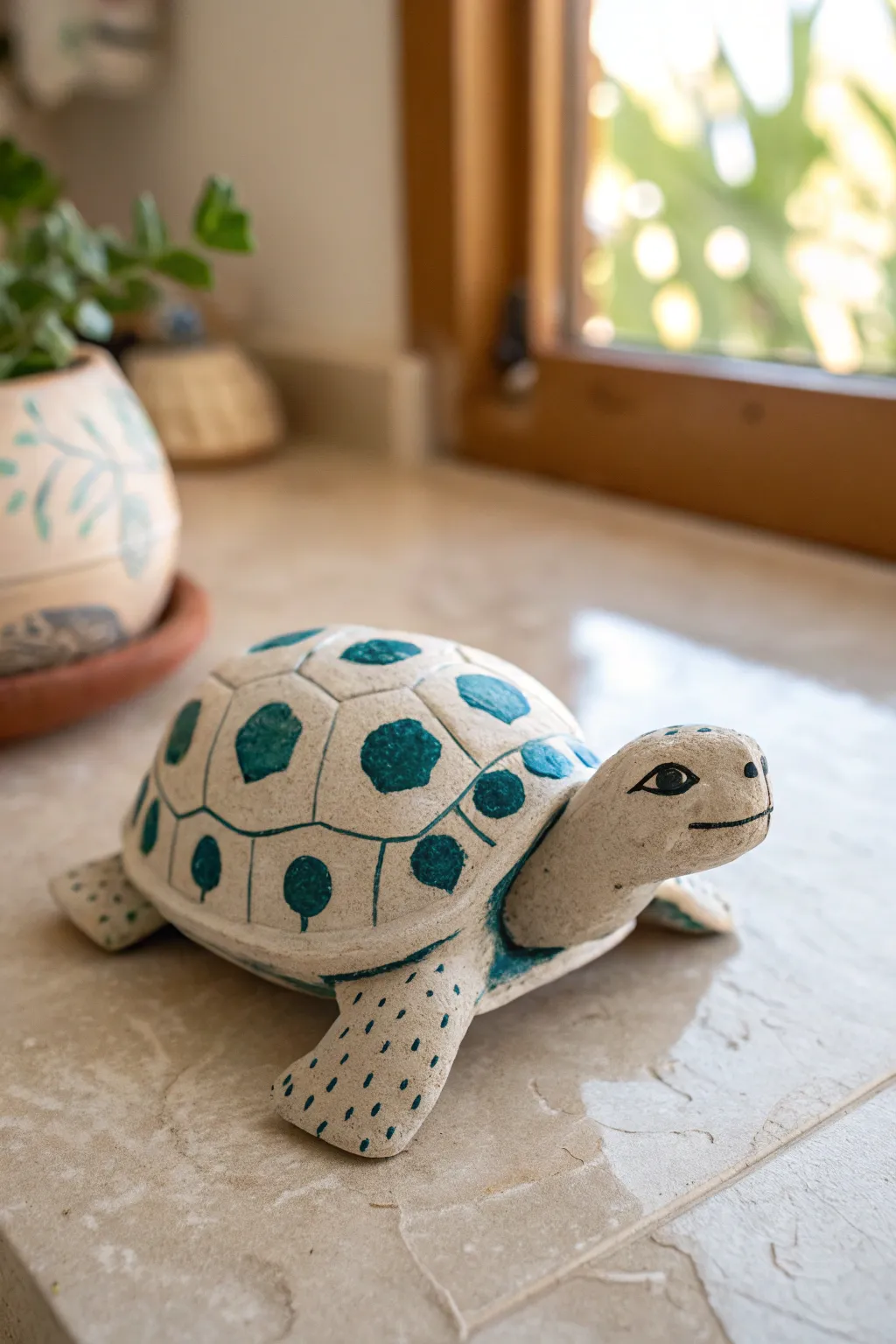 Mini clay turtle with stamped shell texture, simple and sweet, perfect easy sculpture idea.