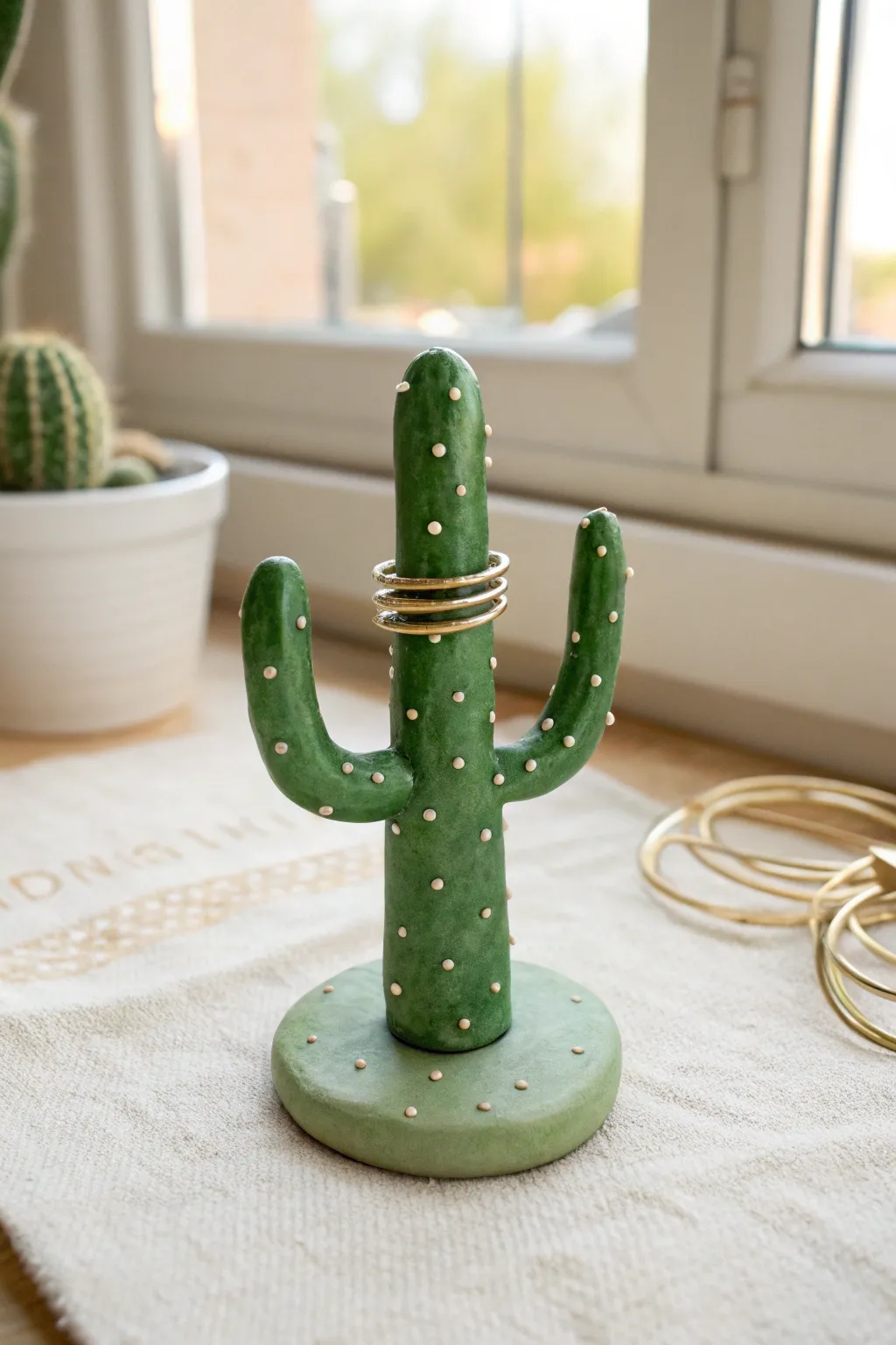 Bright green clay cactus ring holder with stacked rings, minimalist boho style and crisp contrast.