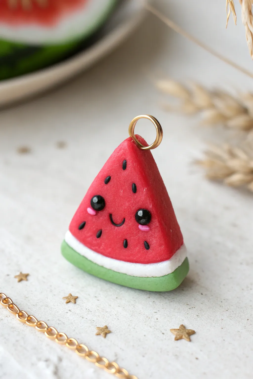 Sweet watermelon face charm in bold colors, minimal styling, perfect cool polymer clay idea.