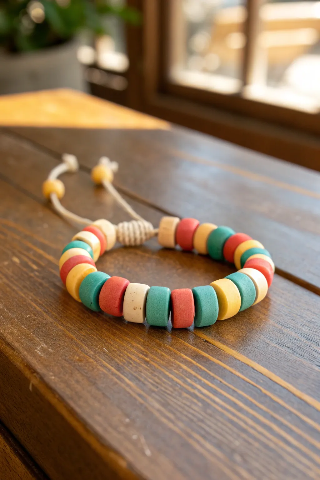 Bold serape stripe clay bead bracelet in turquoise, coral, yellow, and cream on warm wood