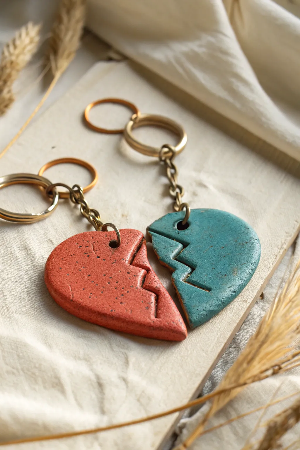 Split-heart clay keychain duo in terracotta and teal, textured and minimalist for a sweet couple gift.