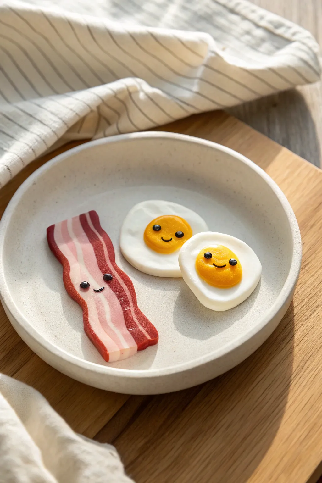 Bacon and eggs mini sculpt-off: two adorable clay buddies on a minimalist plate, date-night ready