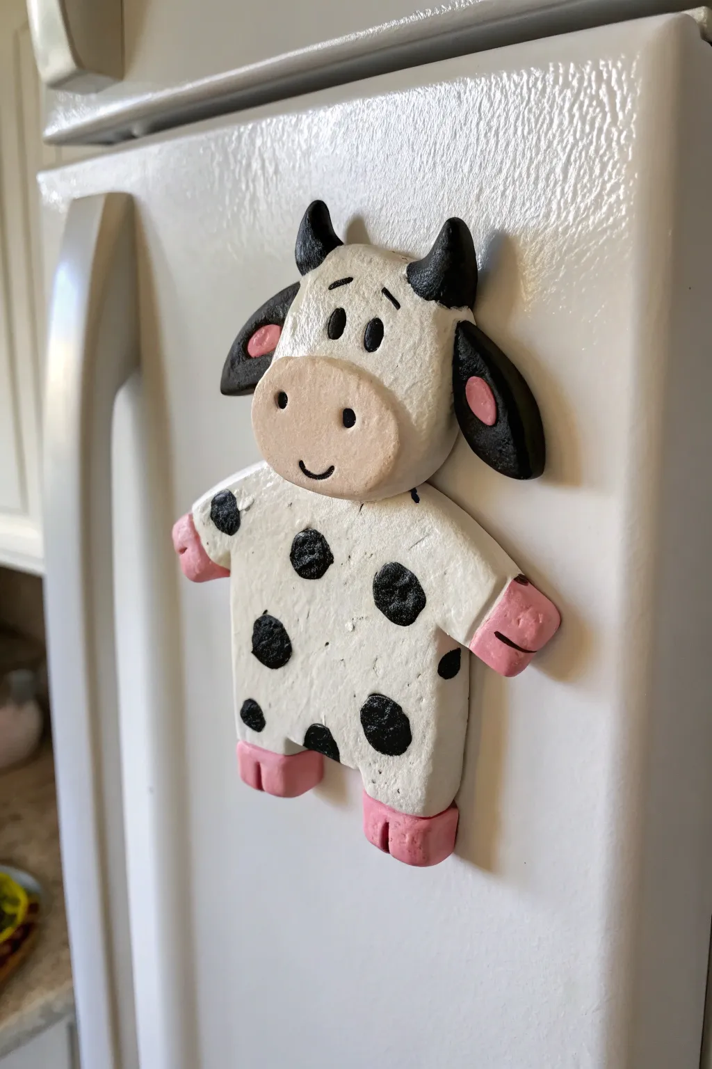 Cute air-dry cow magnet with pink snout and bold spots, a simple boho fridge accent.