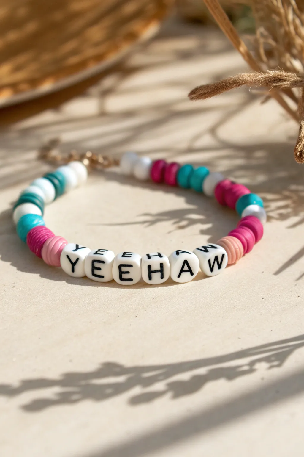 Playful YEEHAW word bracelet with hot pink, turquoise, and white clay disc beads