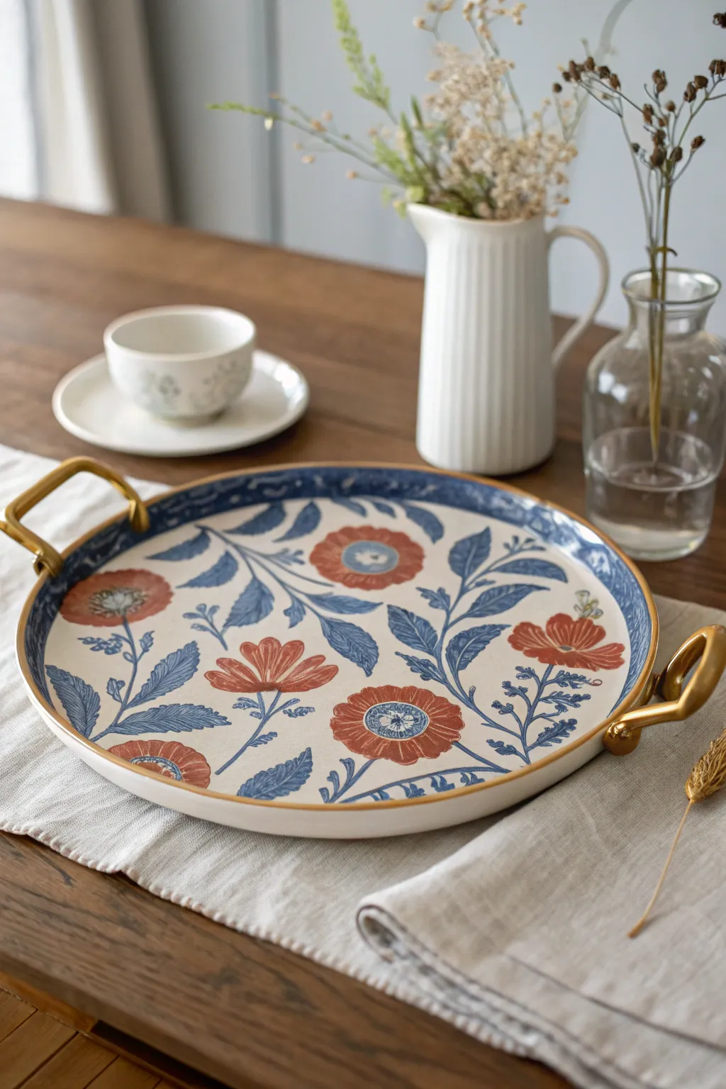 Upcycle an old china plate into a handled serving tray for a cozy minimalist brunch vignette.