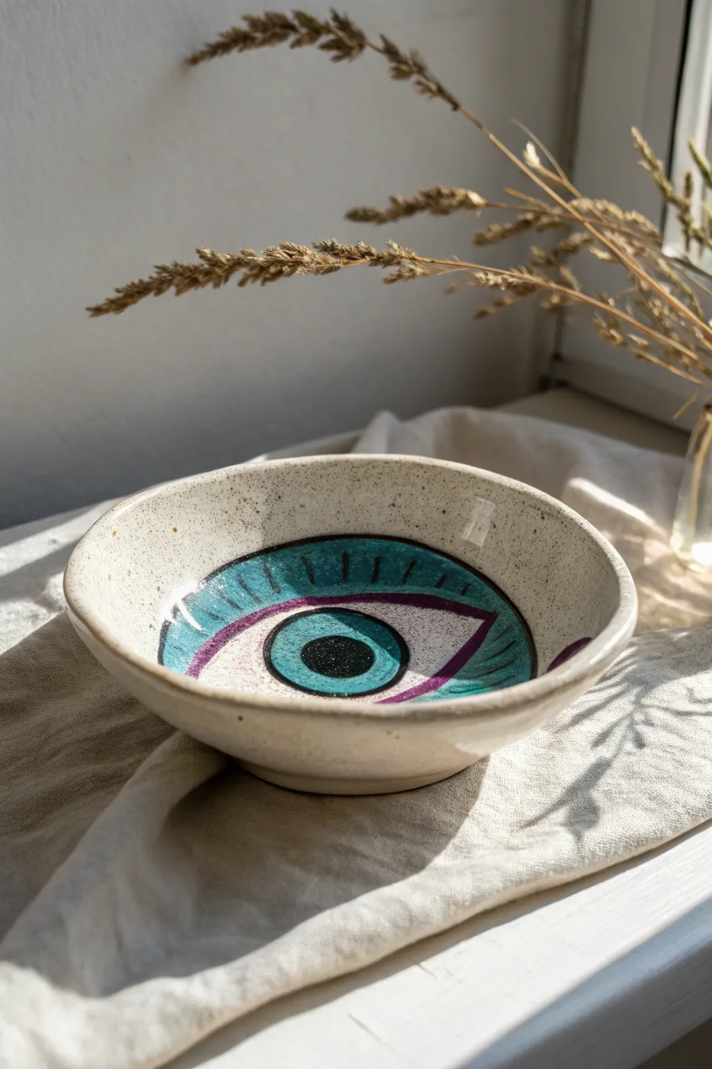 Playful eyeball trinket dish in bold colors, minimalist styling with handmade ceramic charm.