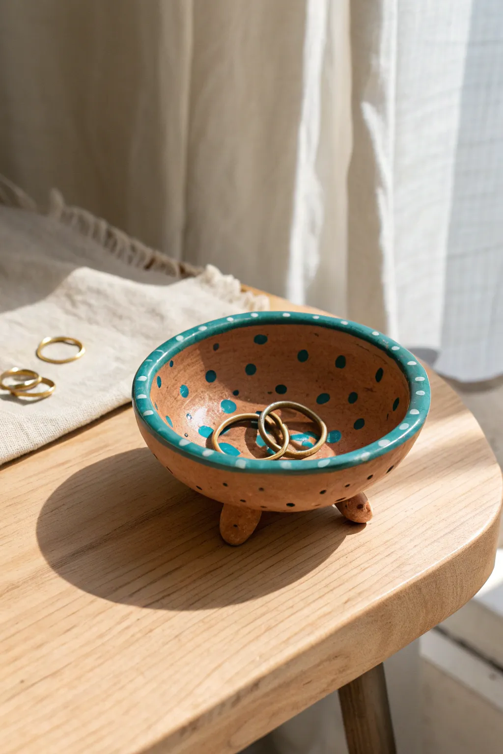 Footed trinket dish with playful pressed texture, ready to hold rings and hair clips.