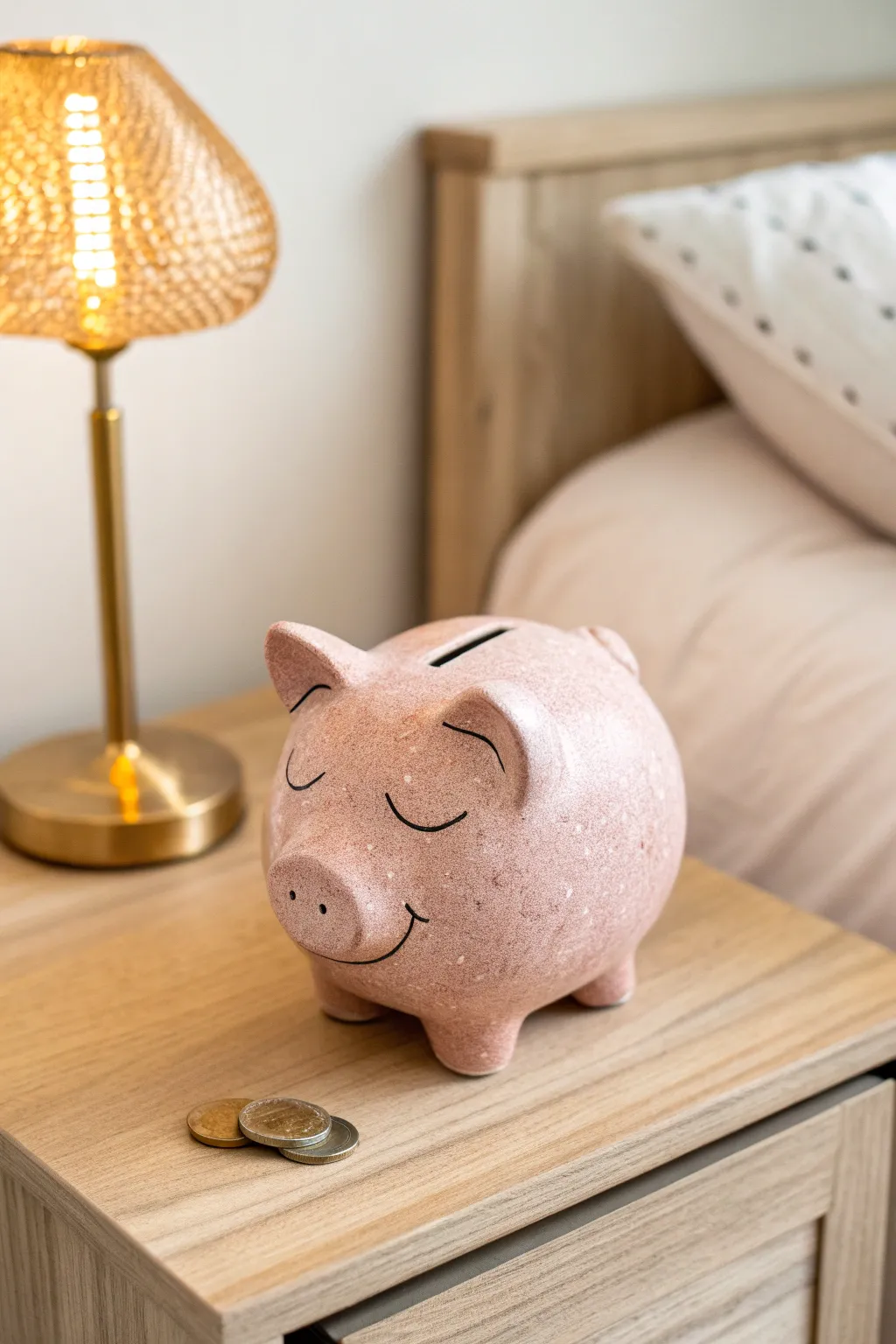 Sleepy piggy bank with closed eyes and blush cheeks, a cozy minimalist bedside accent.