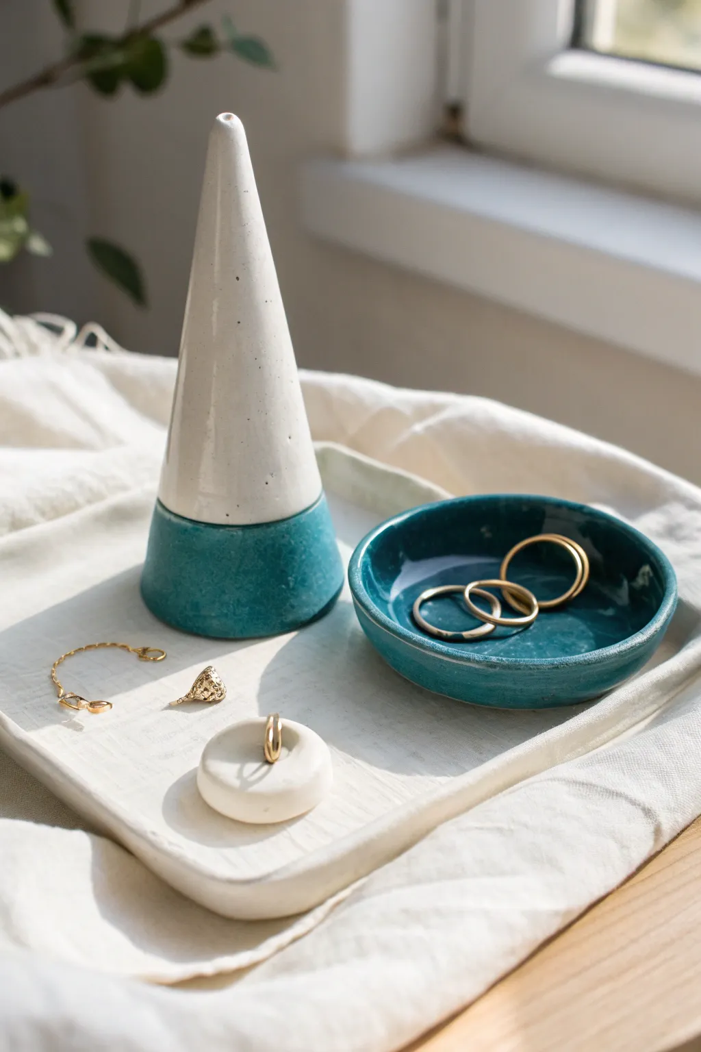 Minimal air dry clay ring cone and glossy catchall dish in bold color, ready for jewelry