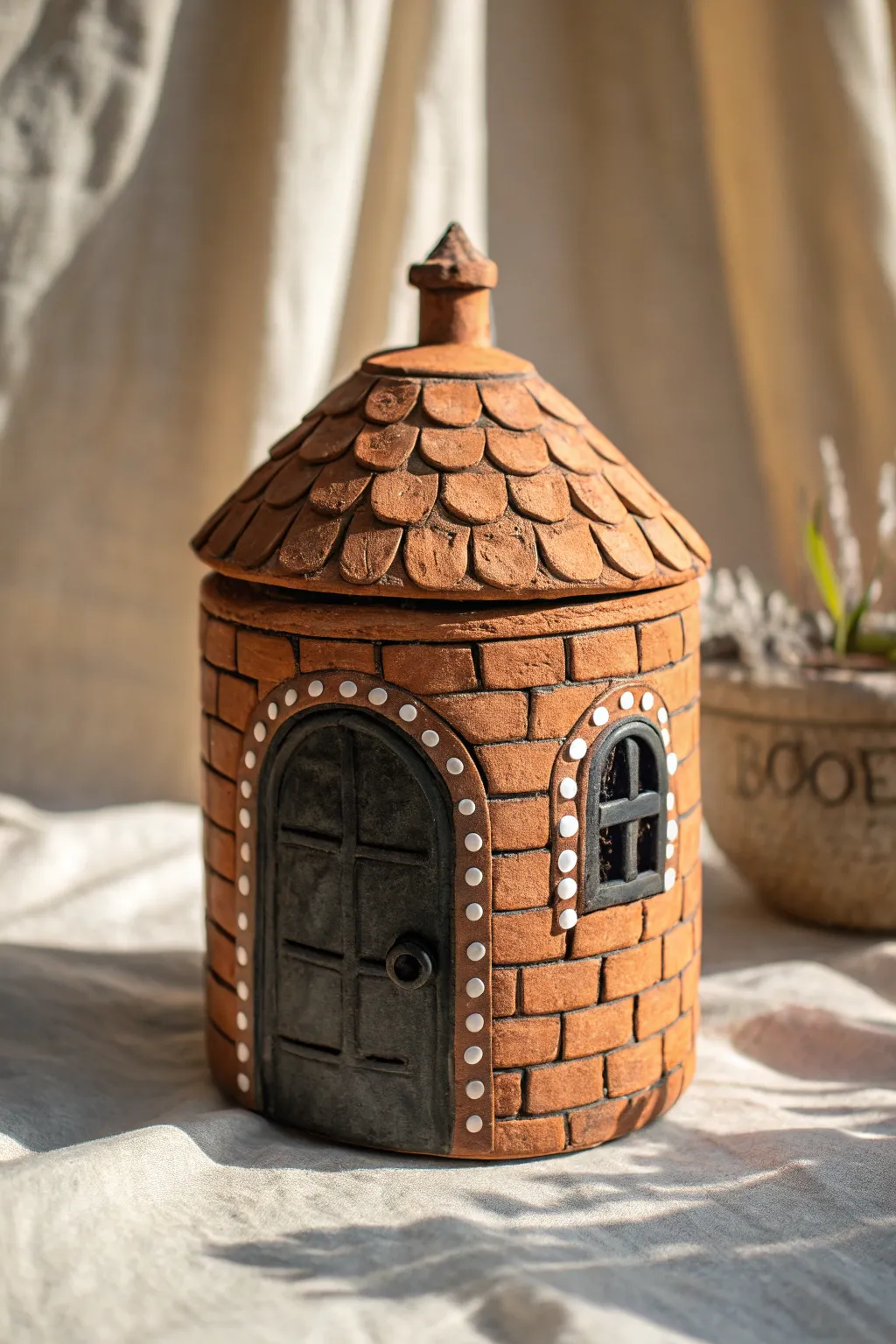 Brick cottage clay jar with arched door, easy brick texture and bold accents for cozy storage.