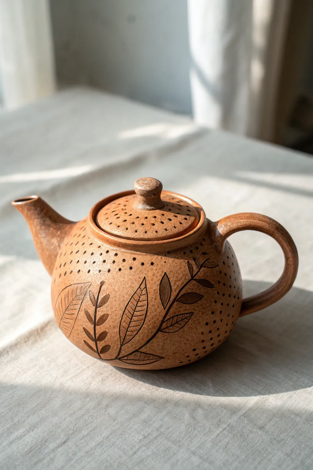 Warm terracotta teapot with simple stamped patterns, side lit to reveal rich handmade texture.