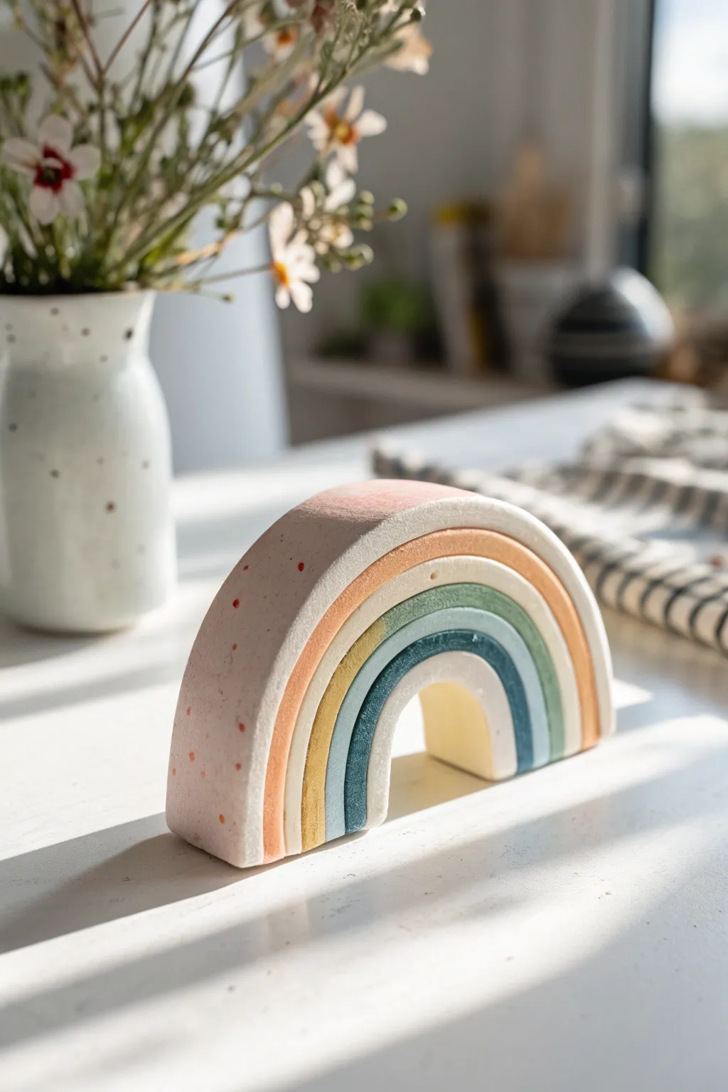 Mini pastel clay rainbow arch shelf decor, an easy beginner-friendly air-dry clay idea