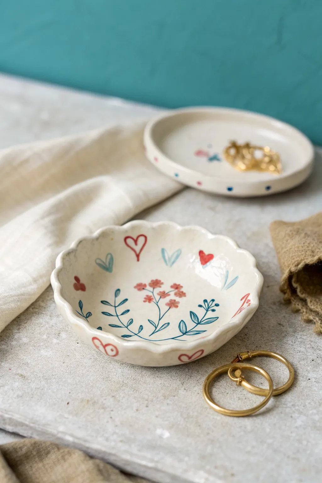 Tiny scalloped trinket dish with pastel hearts and flowers, perfect for rings and little finds