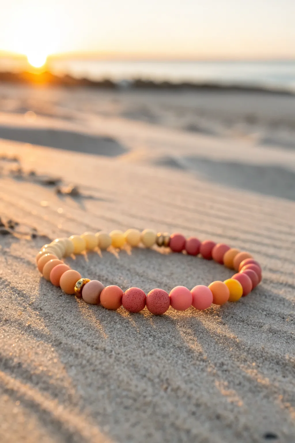 Sunset ombre clay bead bracelet in coral to yellow hues, glowing on warm sand at golden hour.