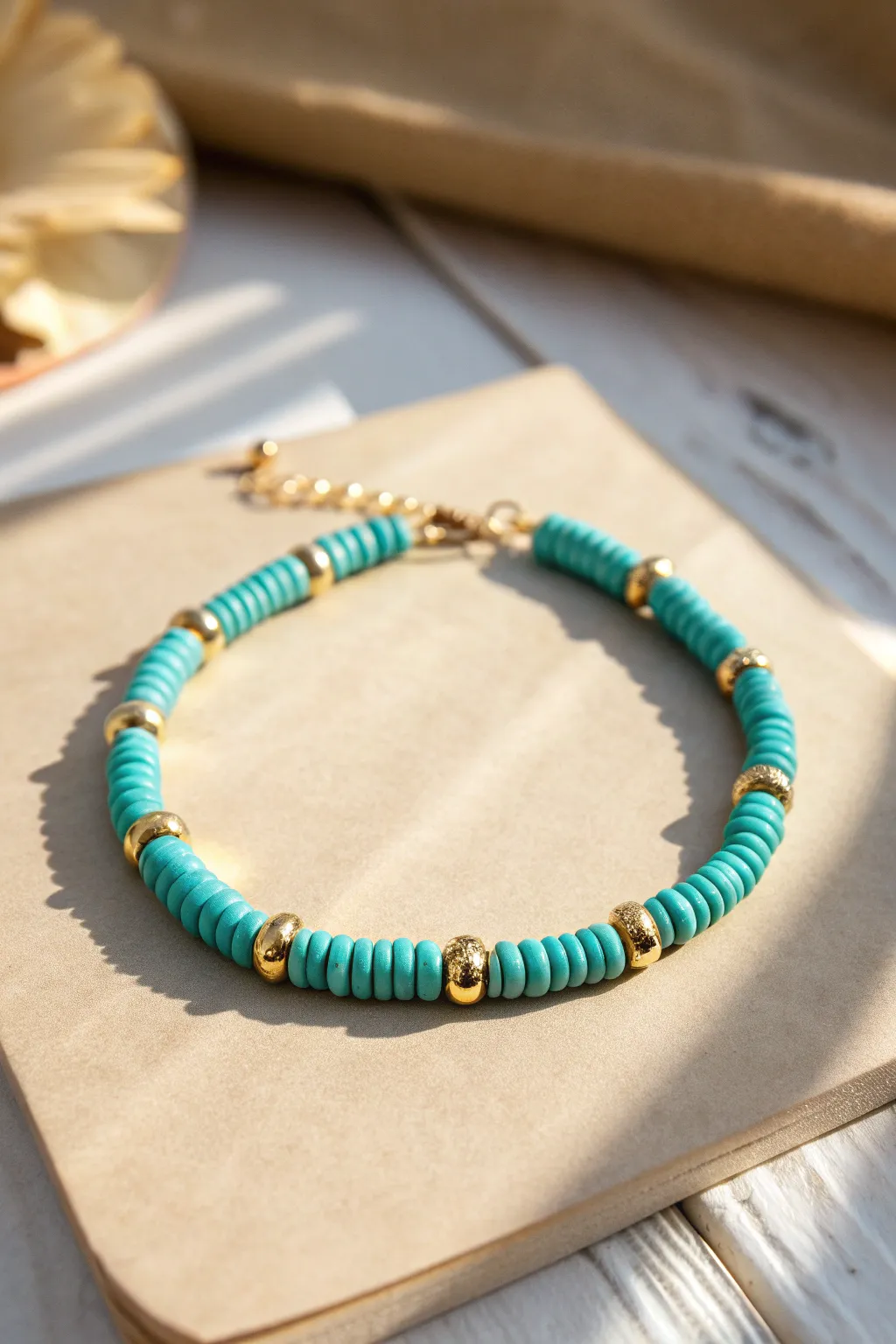 Turquoise heishi bracelet with gold spacers on warm sand paper for a bright minimalist pop
