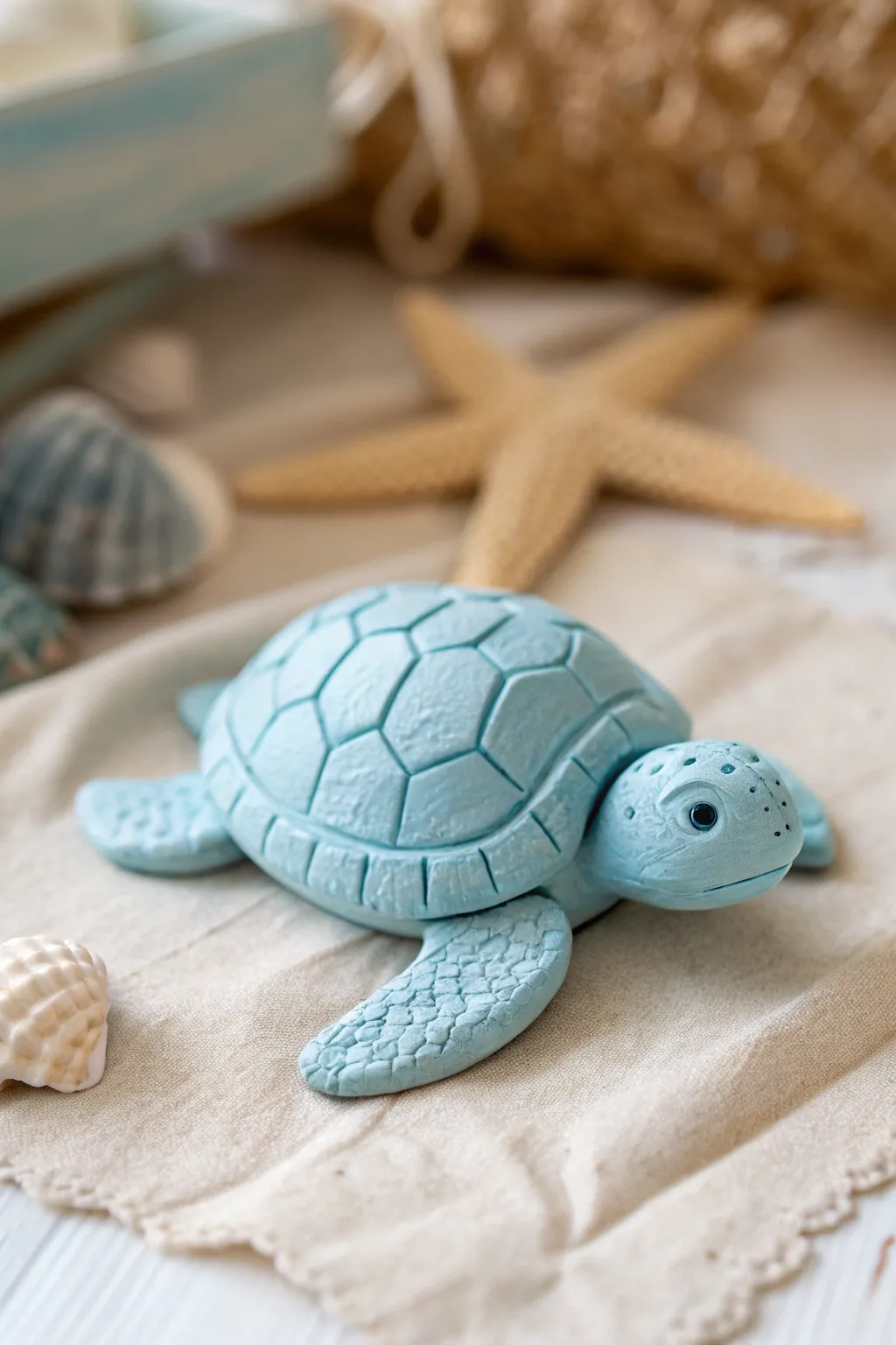Baby blue clay turtle with a darker textured shell, minimalist Scandinavian vibe with soft boho contrast.