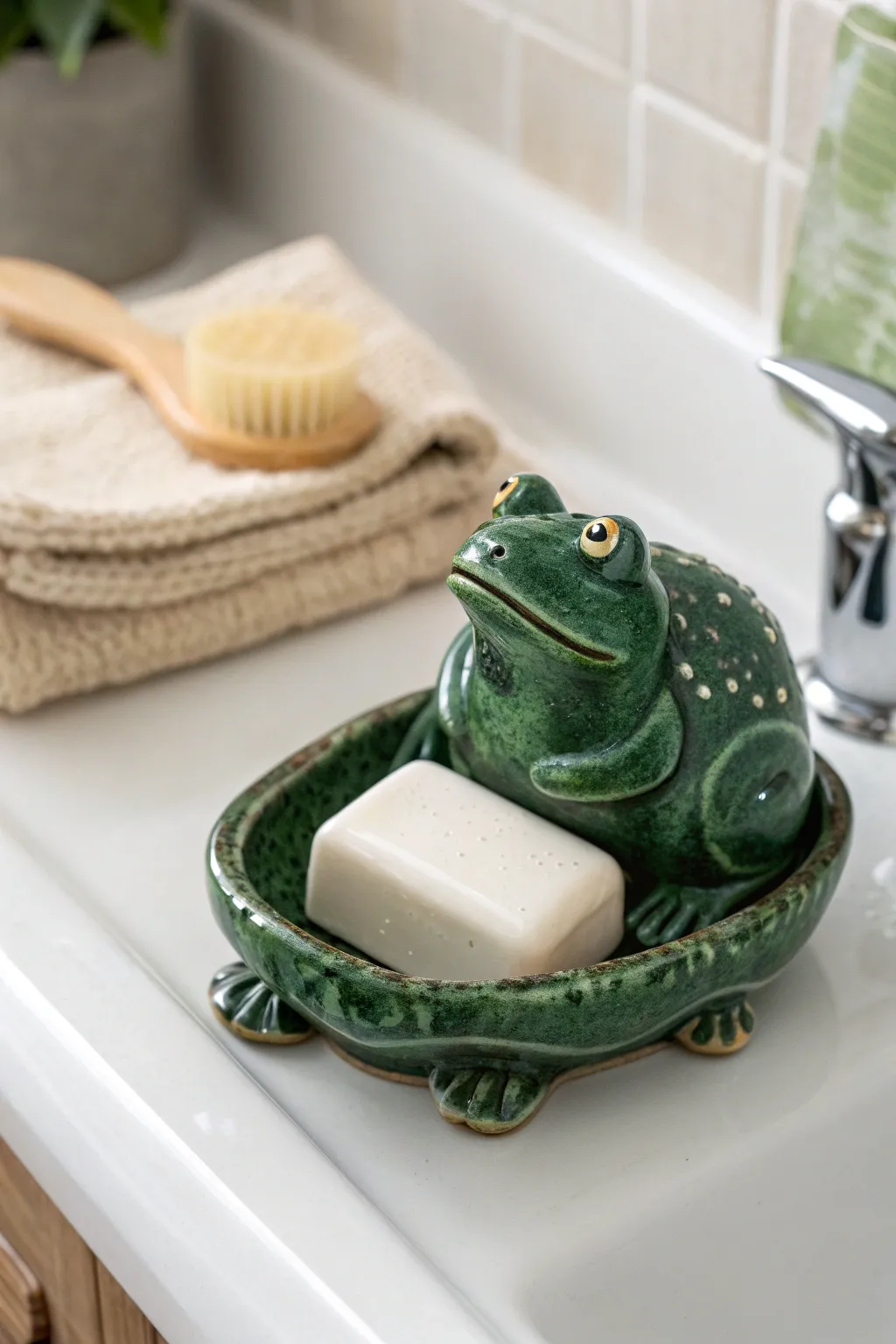 Chubby frog soap dish with tiny toes, glossy green glaze, a sweet touch for your sink.