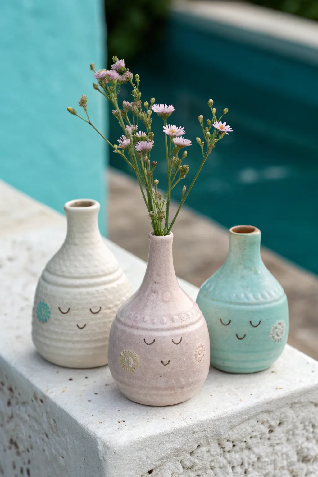 Three pastel mini character bud vases, each holding one stem, styled clean and bold.