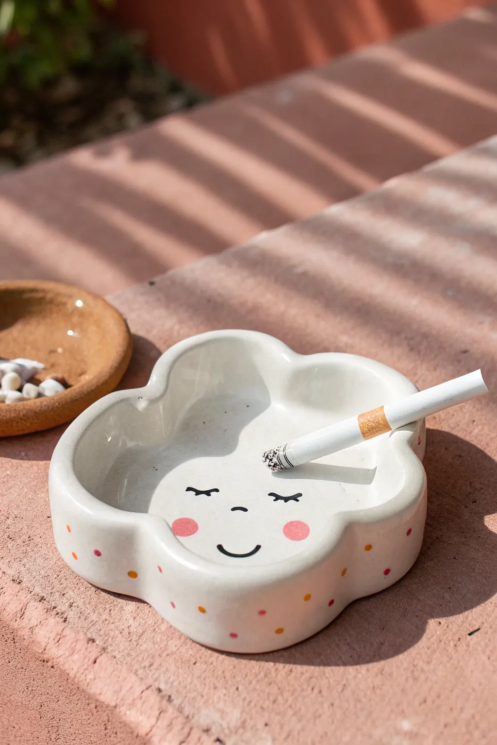 Puffy cloud ashtray with blushy cheeks, glossy white glaze and soft pink accents for cozy minimalism.