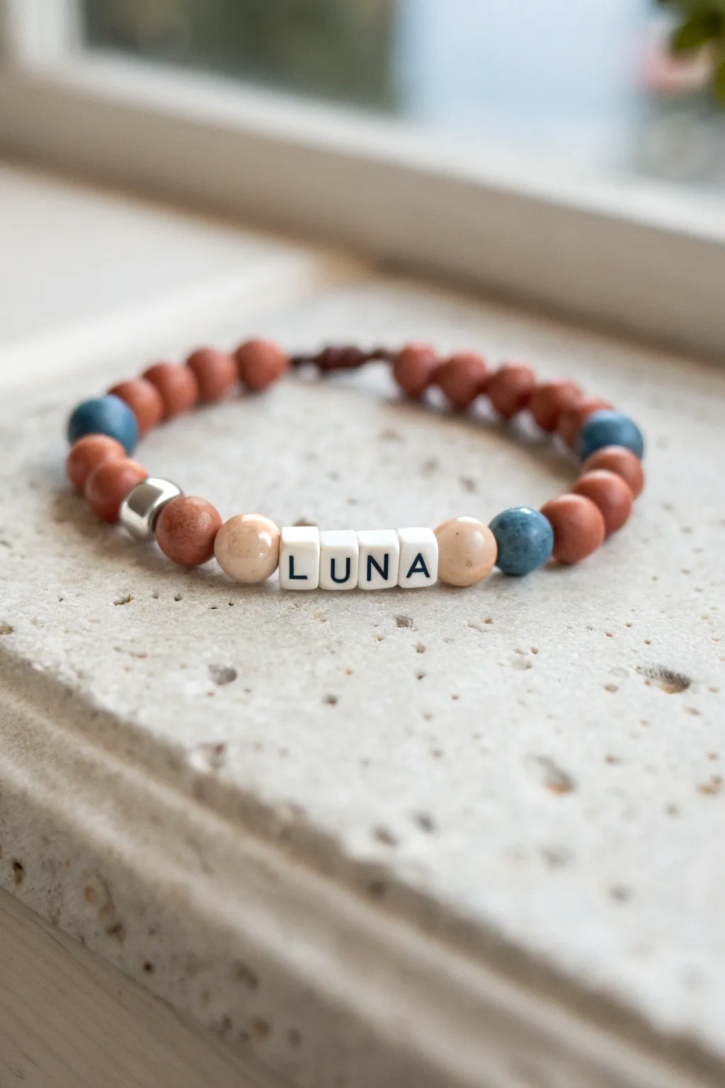 Minimal clay bead name bracelet with crisp letter beads, bold colors, and Scandinavian calm.