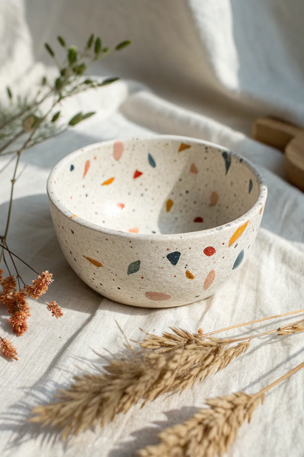 Terrazzo confetti air-dry clay bowl in blush tones, a cute minimalist catchall with bold flecks