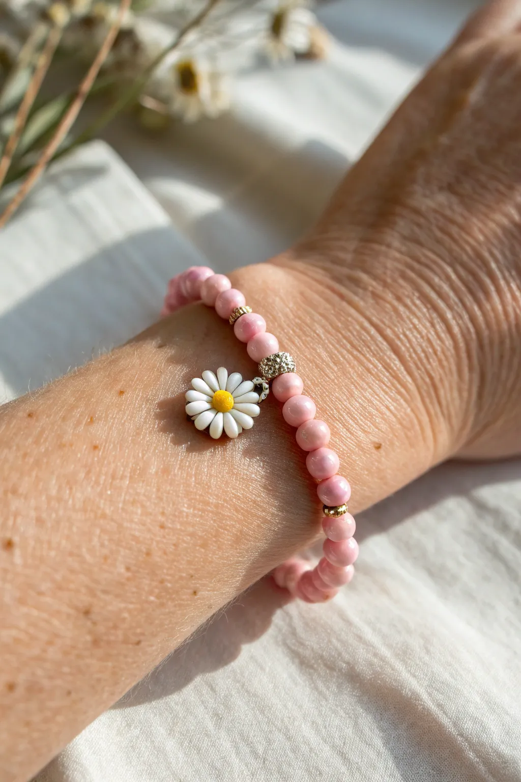 Monochrome pink clay bead bracelet with one cute charm center, minimal and effortlessly sweet