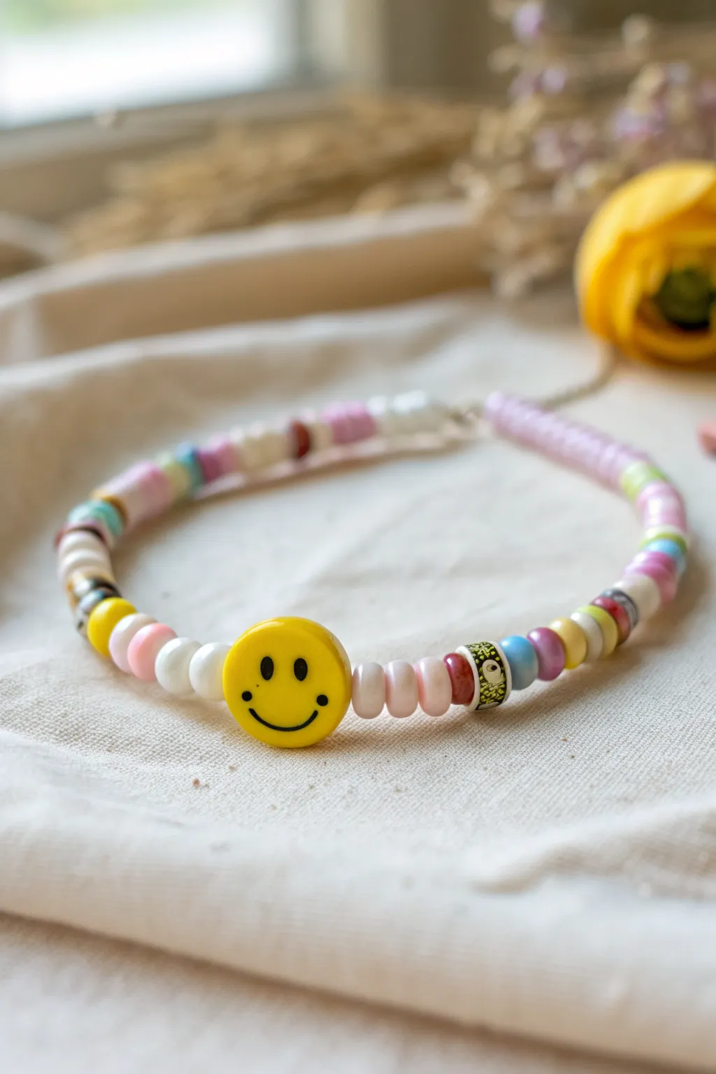 Pastel heishi bracelet with a bold smiley pop bead, minimalist boho styling, bright and cute.
