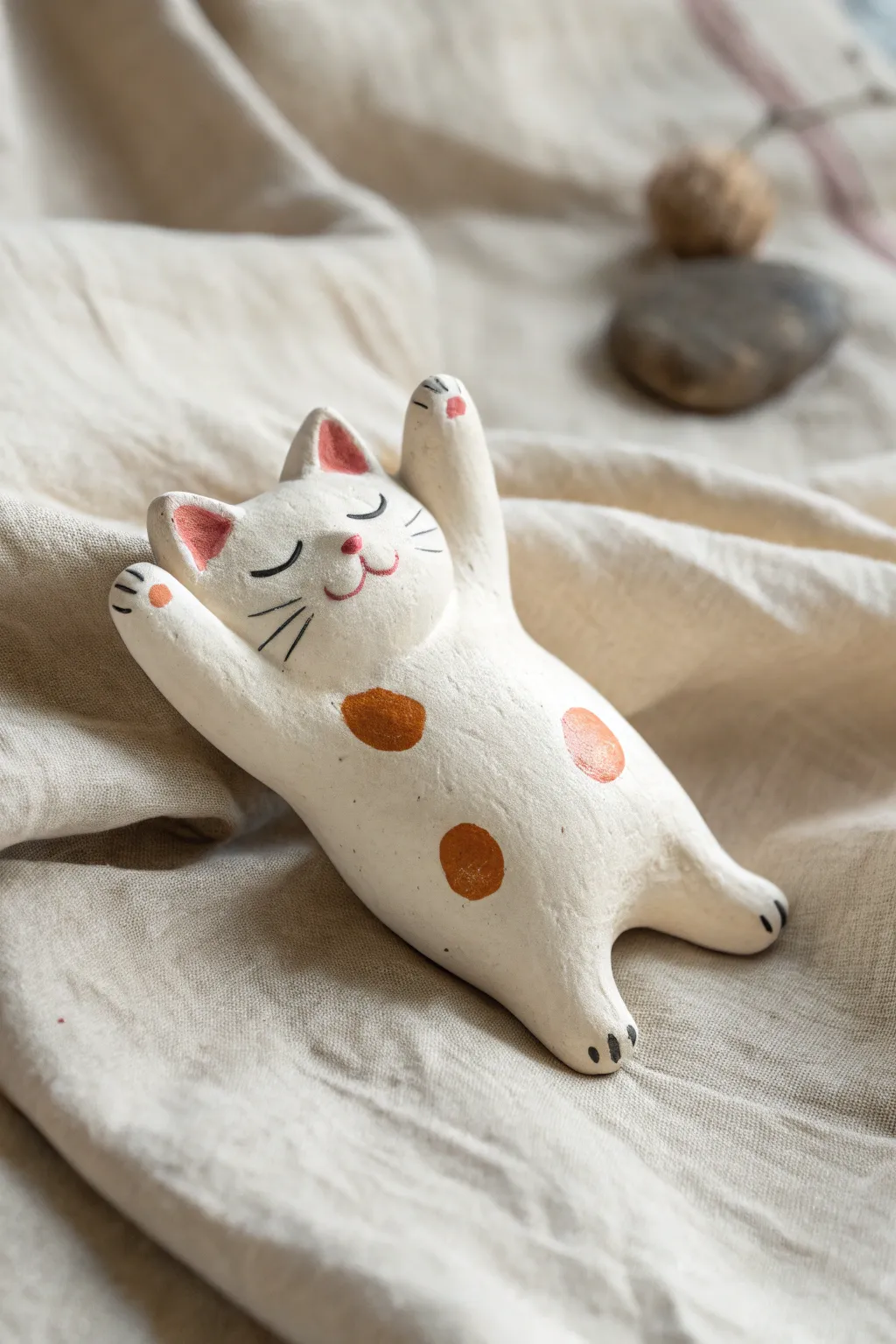 Belly-up clay kitty with tiny paws and a sweet belly spot, minimalist and irresistibly cute.