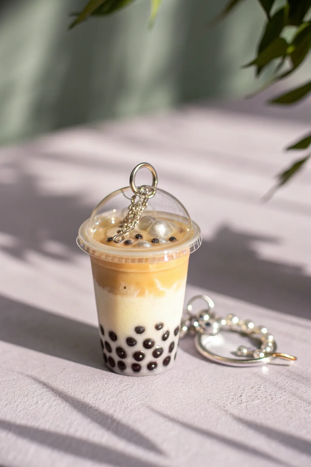 Mini bubble tea clay charm with glossy clear-cup shine, boba dots, and a tiny straw on lavender