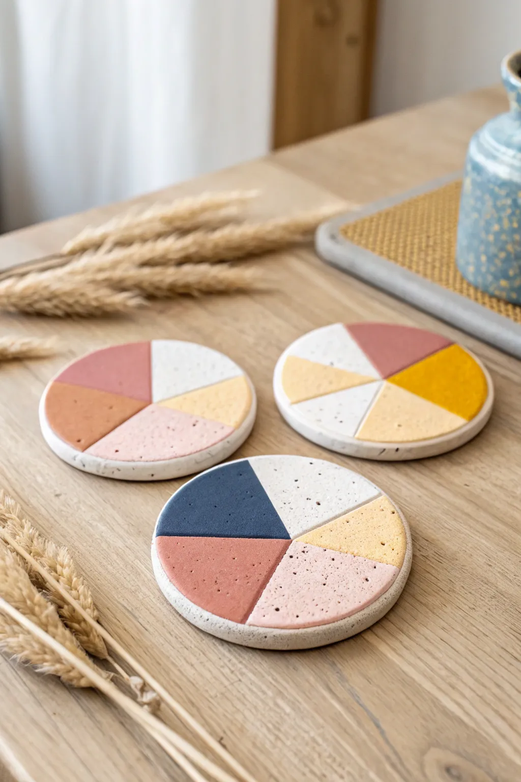 Simple color-block clay coasters in cheerful hues, a minimal matching set for any table.