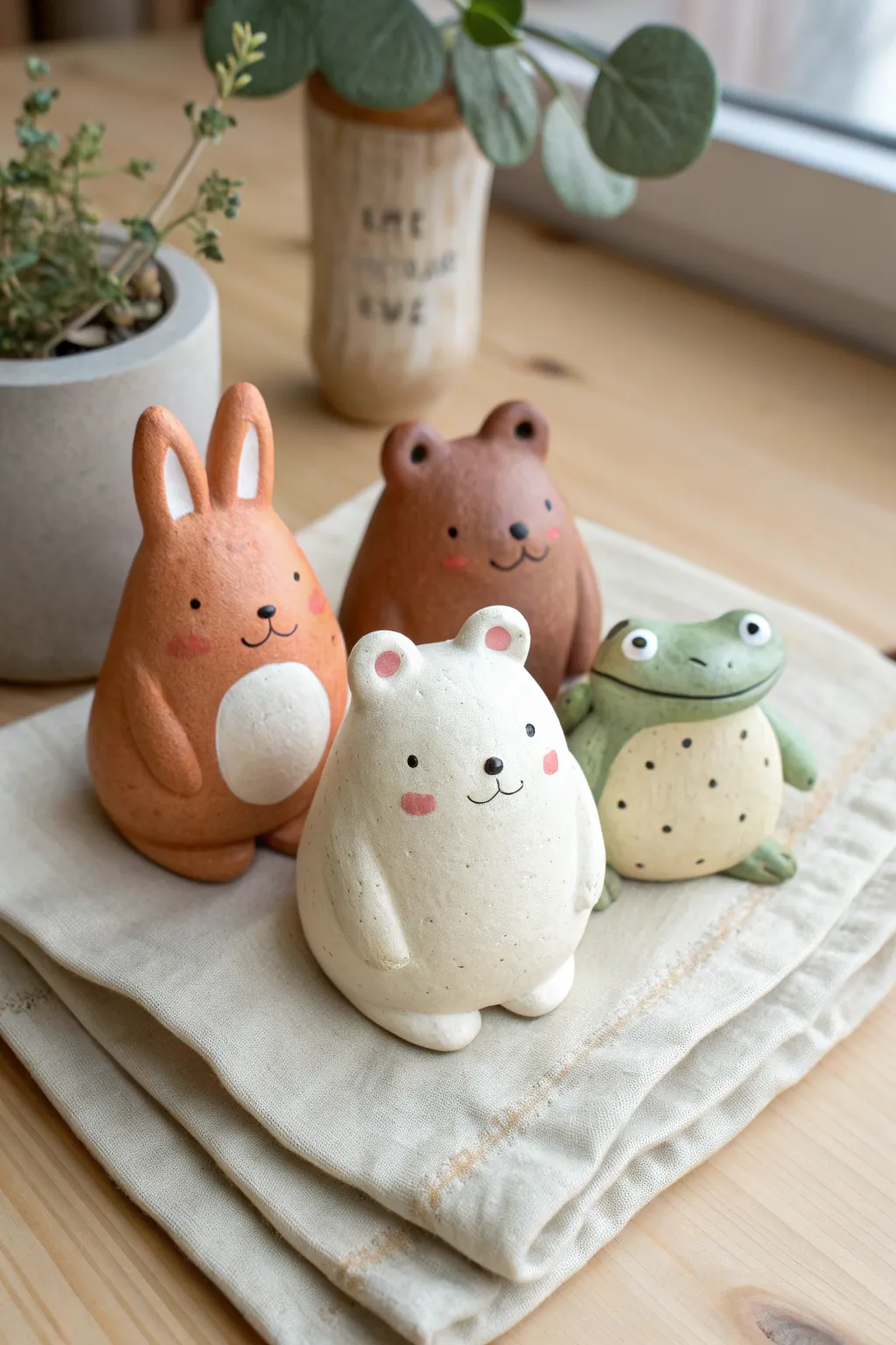 Three chubby clay animal desk buddies with blush cheeks and bold contrast in minimalist style