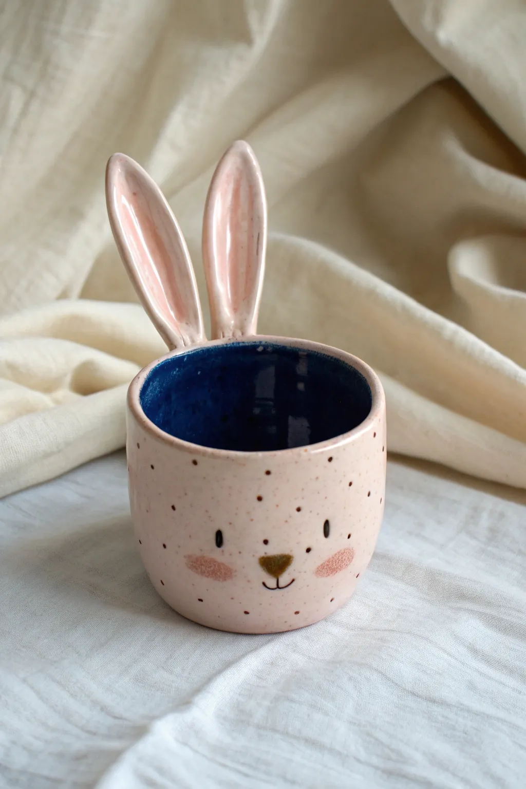 Pastel bunny-ear cup with a tiny face and bold blue interior, minimalist boho charm for cozy sips.