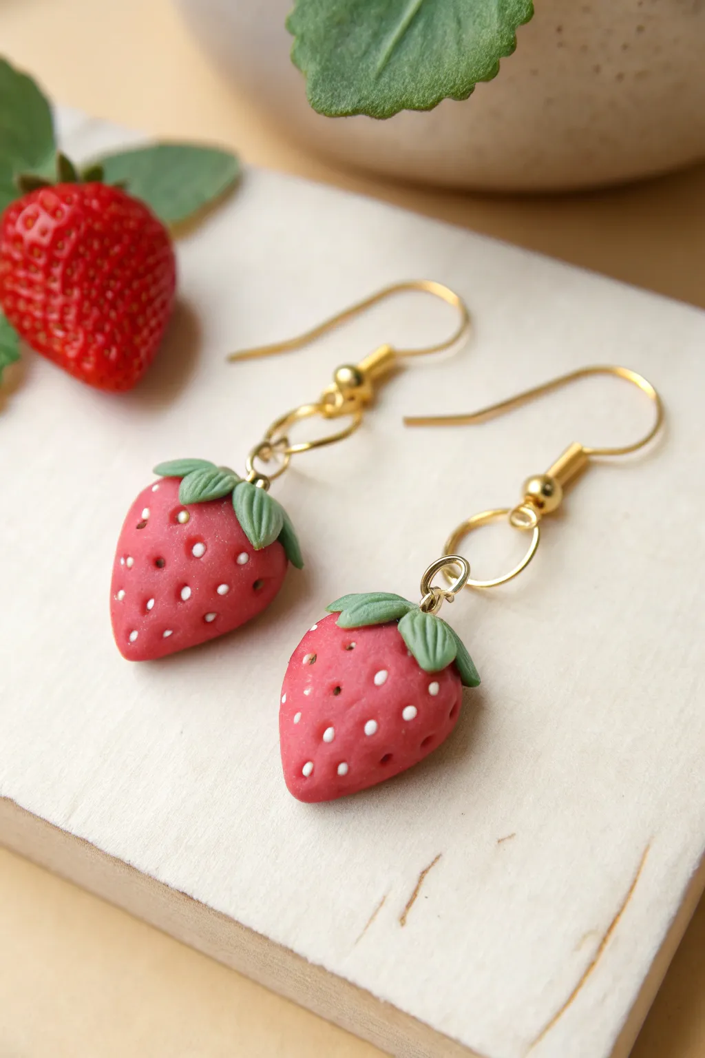 Tiny strawberry drop earrings with seed details and sage tops, fresh and minimal on a light backdrop.