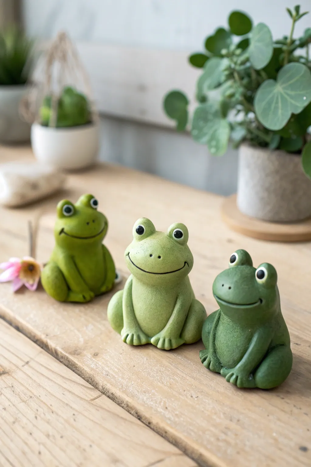 Pocket-sized frog friends in soft greens, simple smiles, and a tiny lily pad for charm