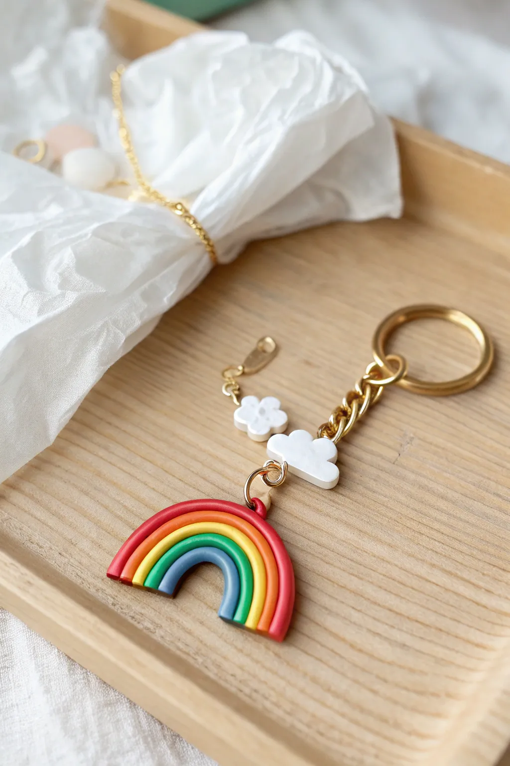 Handmade rainbow and cloud bag charm on a key ring, styled for a sweet ready-to-gift look