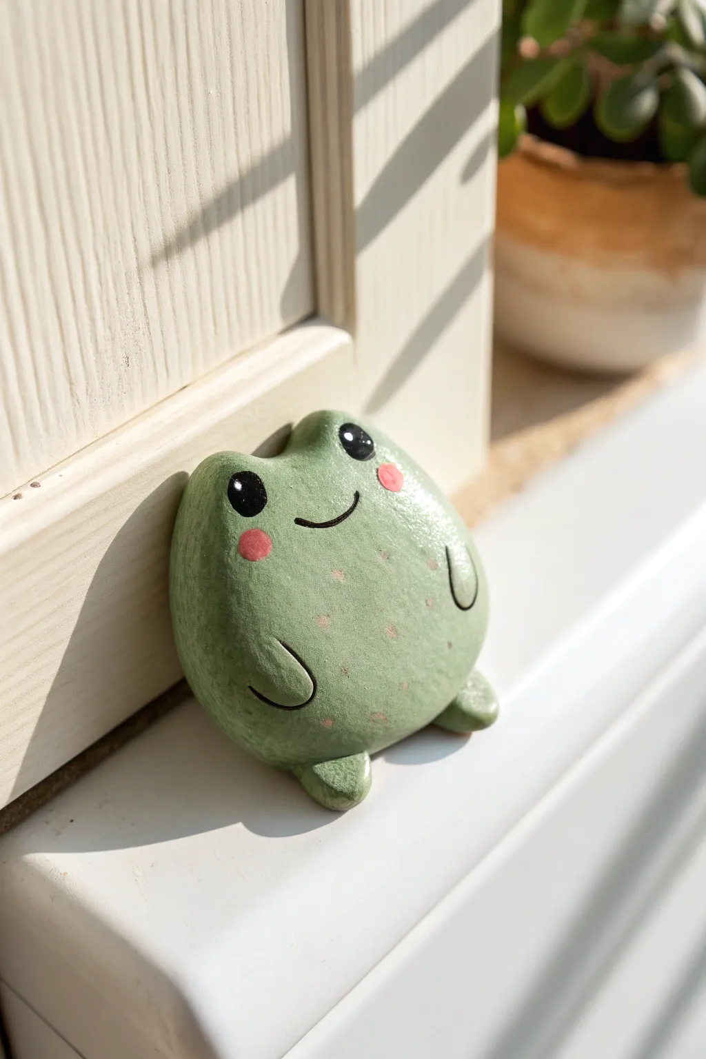 Chubby frog magnet with rosy cheeks adds instant cute clay aesthetic to a minimalist kitchen.